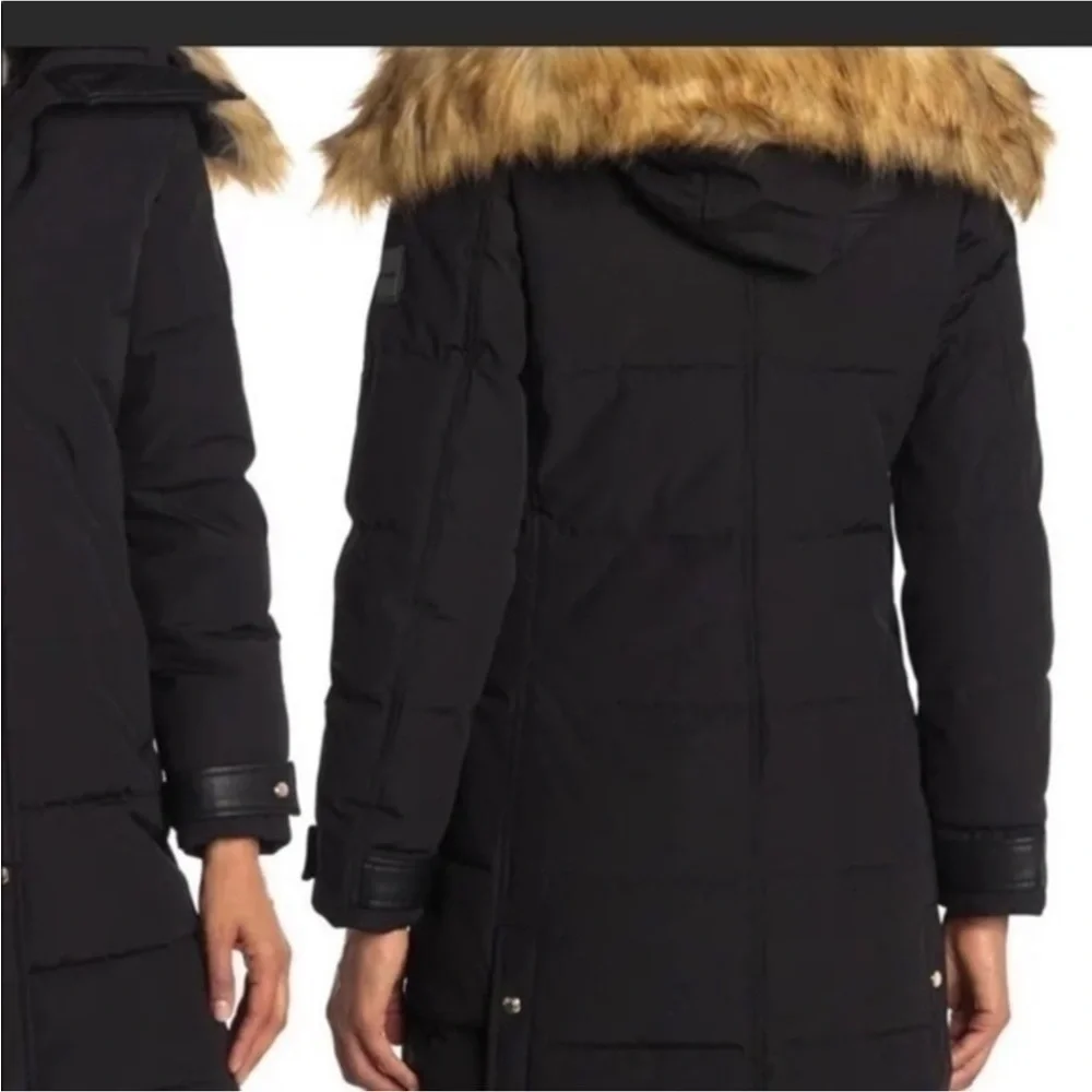 NINE WEST black faux fur trim hooded quilted parka coat